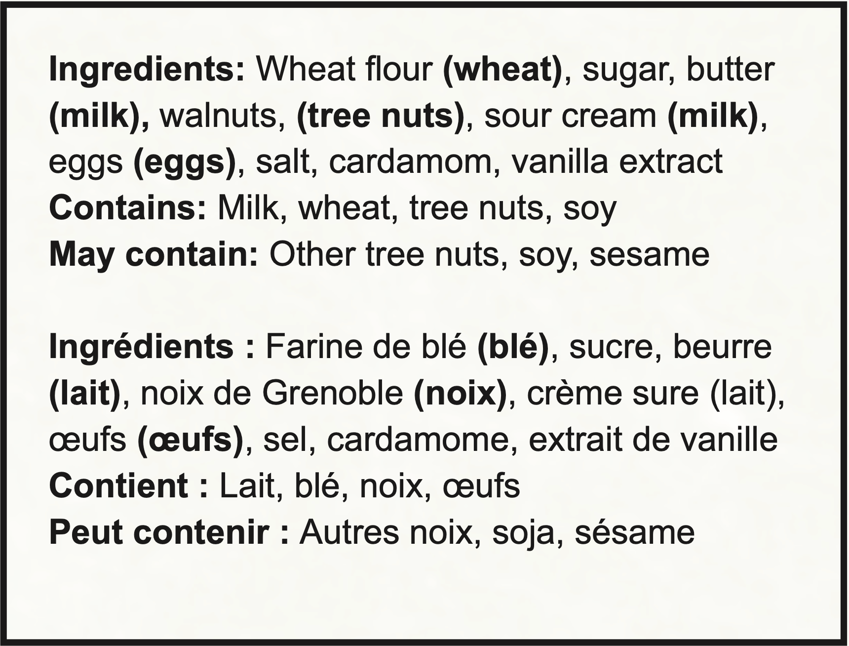 Ingredient list in English and French, listing common allergens.