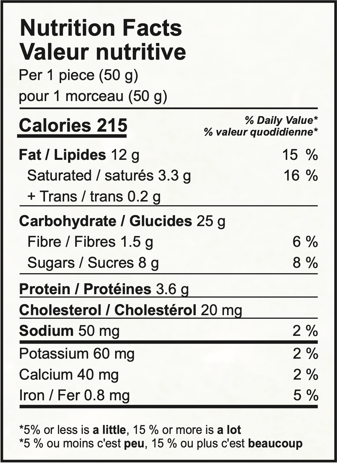 Nutrition facts label for a 50g food item: Calories 215, fat 12g, carbs 25g, protein 3.6g.