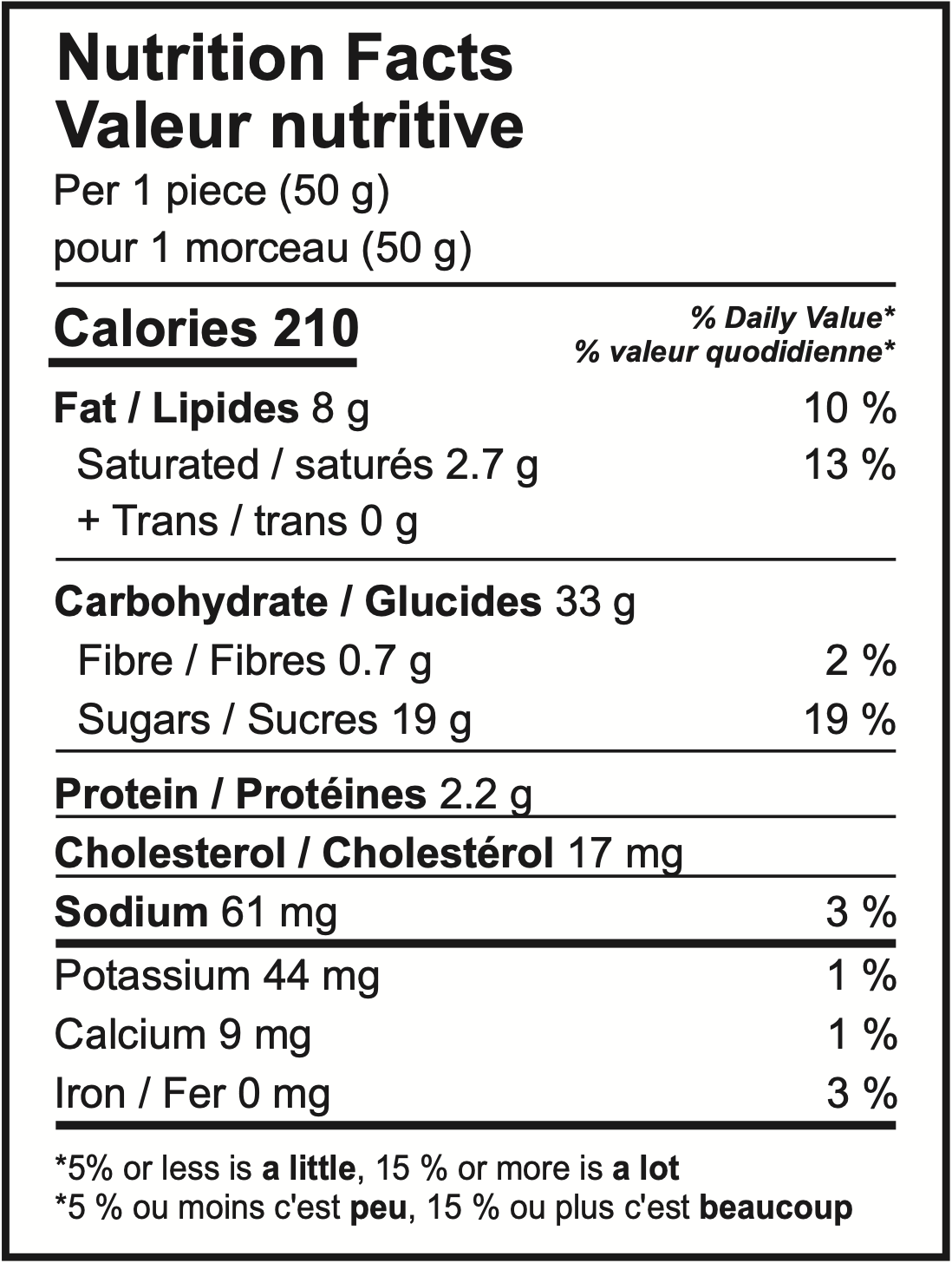 Nutrition facts label showing calories, fat, carbohydrates, and other nutritional information per serving.
