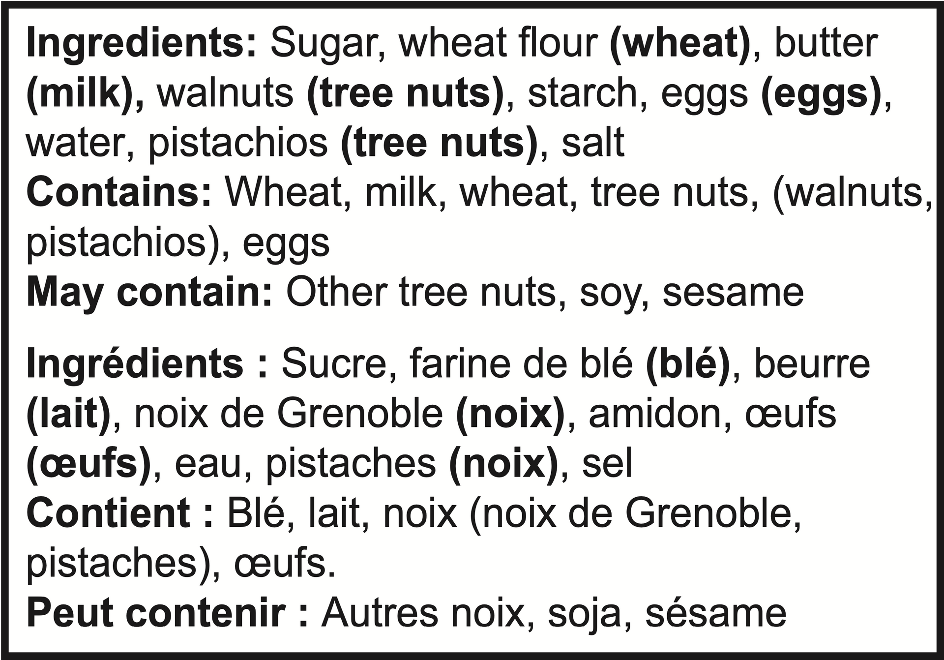 Ingredient list in English and French, listing allergens such as wheat, milk, tree nuts, and eggs.