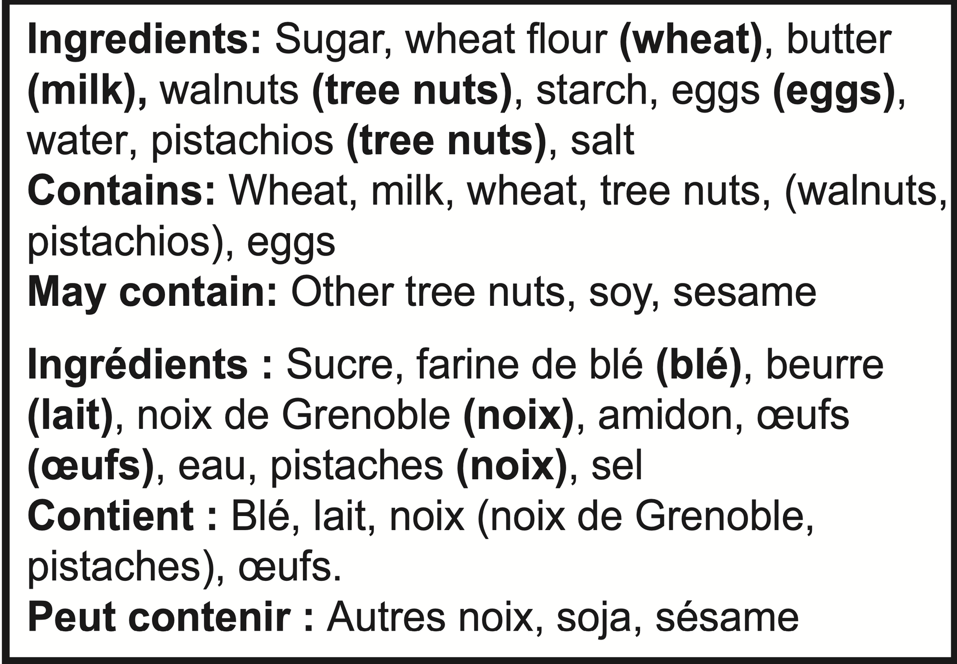 Ingredient list: sugar, flour, butter, walnuts, pistachios, eggs, with potential allergens.