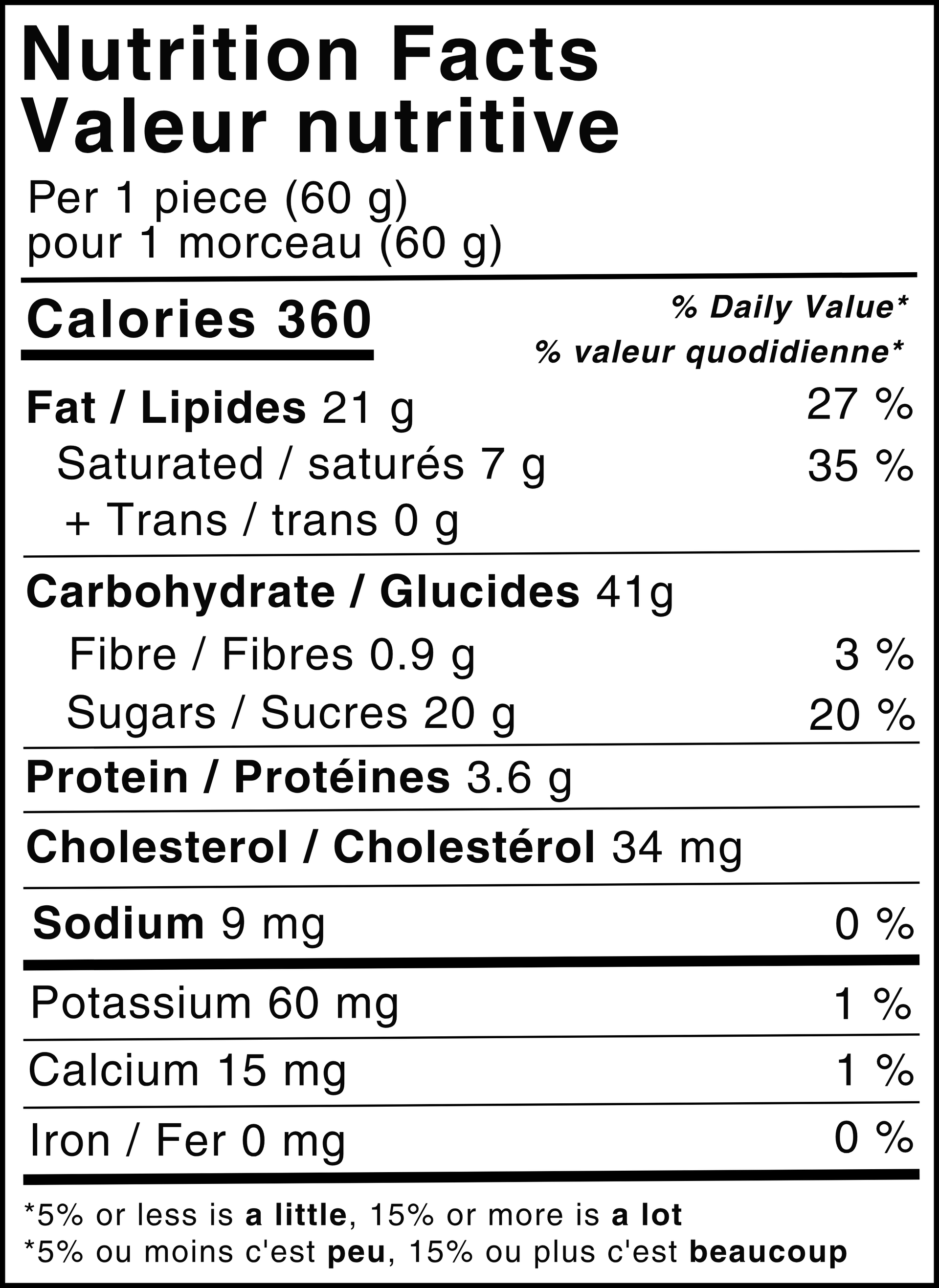 Nutritional information label: Calories 360, fat 21g, saturated fat 7g, carbohydrates 41g, sugars 20g, protein 3.6g.
