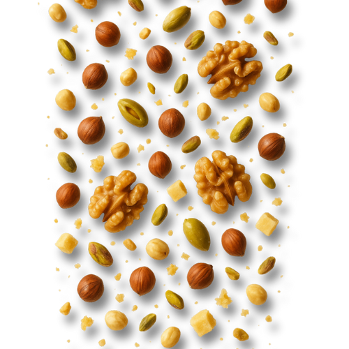 Assorted nuts (hazelnuts, walnuts, pistachios, and peanuts) scattered on a white background.