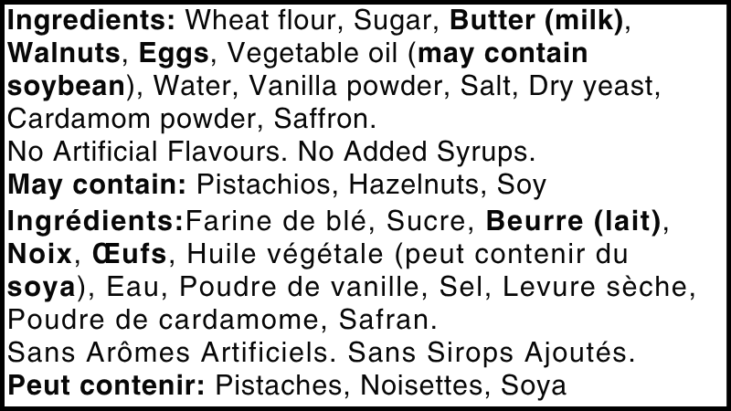Ingredient list for a food item in English and French, listing common allergens.