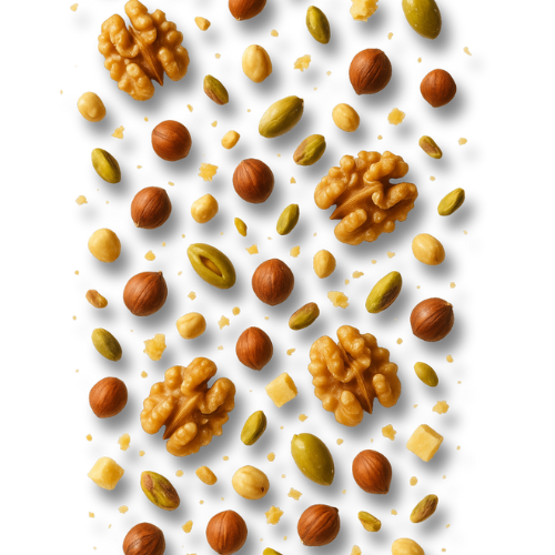 Scattered assortment of walnuts, hazelnuts, pistachios, and small yellow cubes on white.