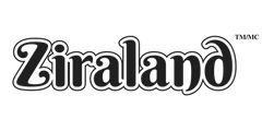 Ziraland logo with a black, stylized font and a white outline; the letters have decorative swirls.