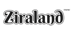 Ziraland logo with a black, stylized font and a white outline; the letters have decorative swirls.