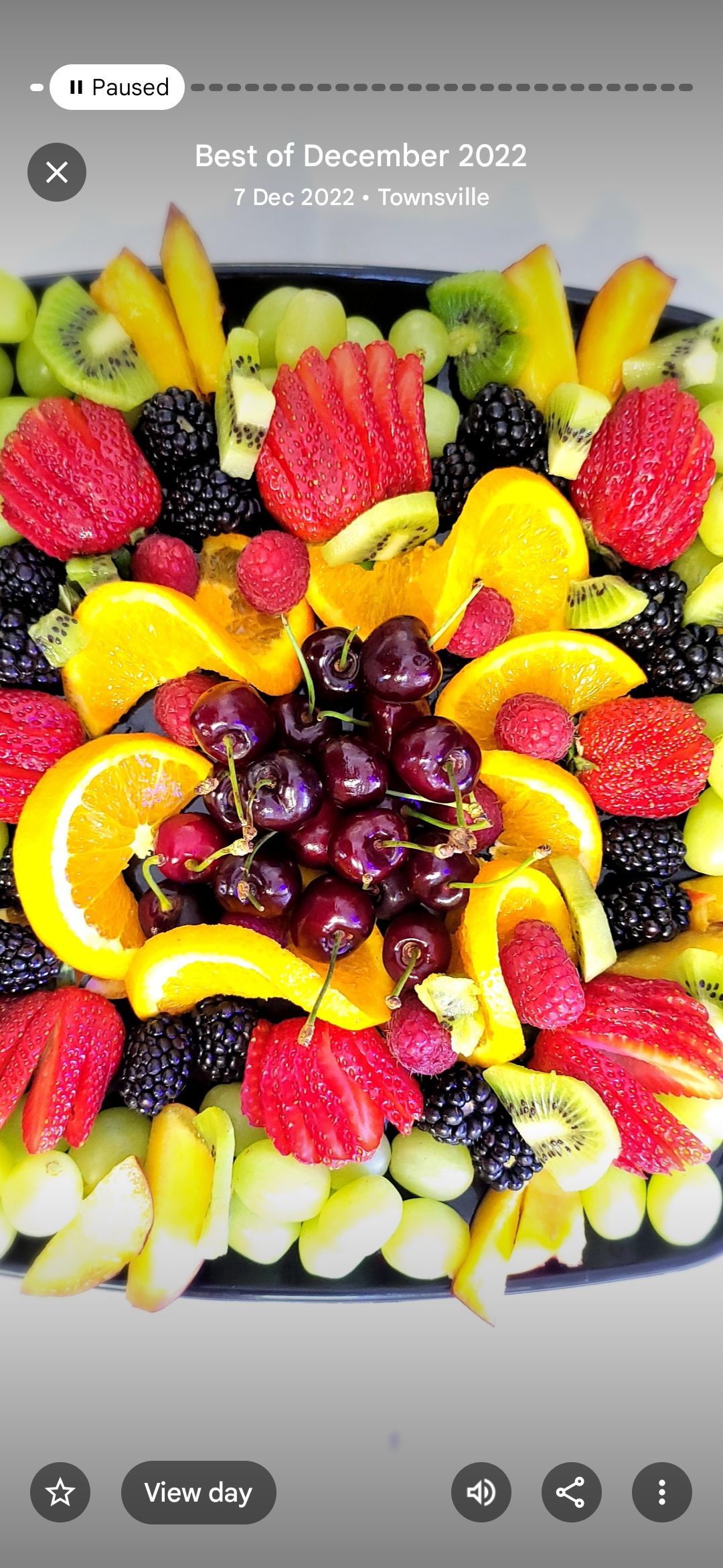 Fruit platter with strawberries, oranges, grapes, kiwi, blackberries, and green grapes.