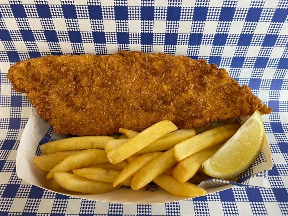 Fried Fish Fillet, Fries, and Lemon Wedge — Boundary Street Fish & Burger Bar in Railway Estate, QLD