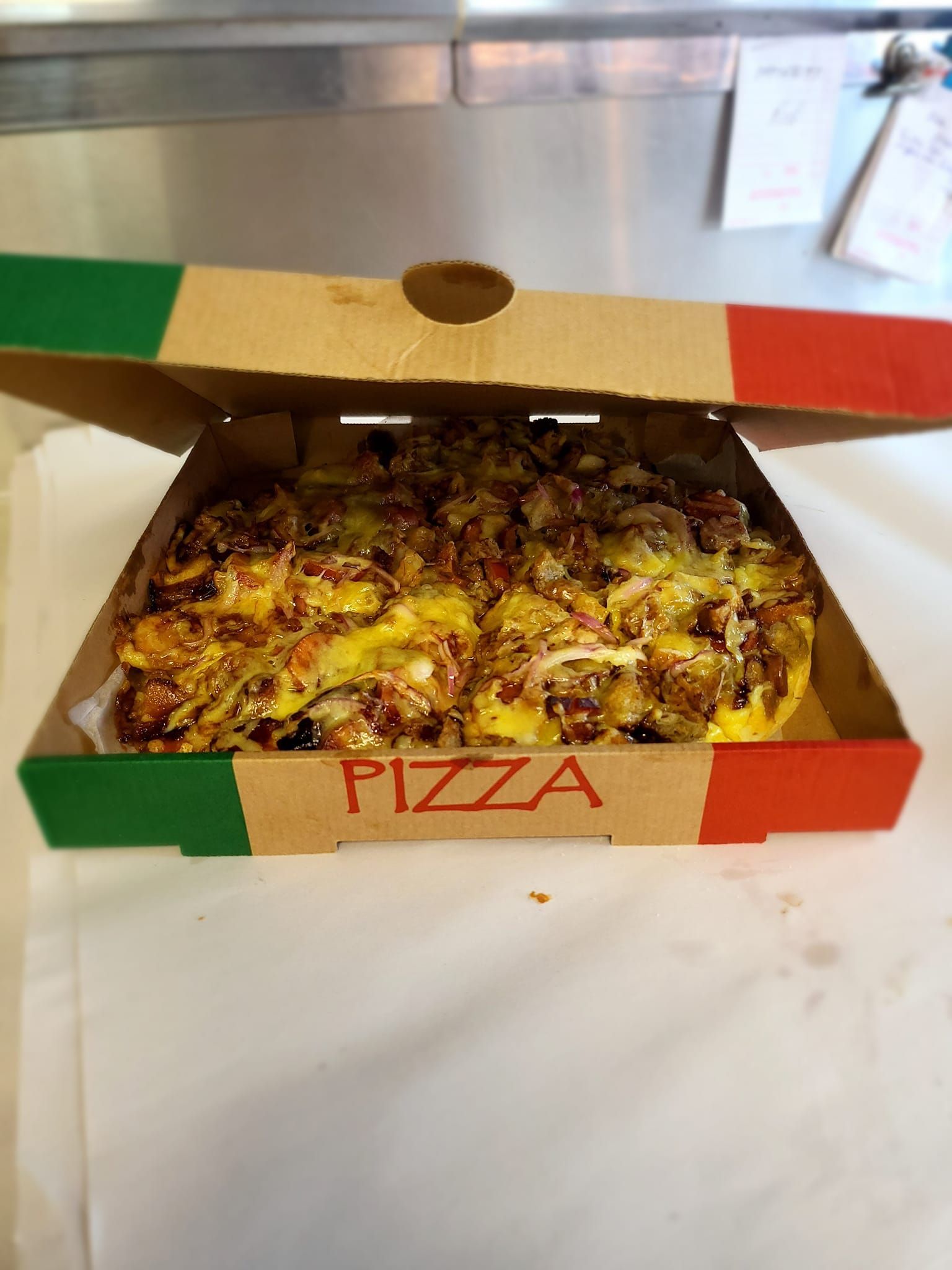 Pizza in a Box With Italian Flag Colours — Boundary Street Fish & Burger Bar in Railway Estate, QLD