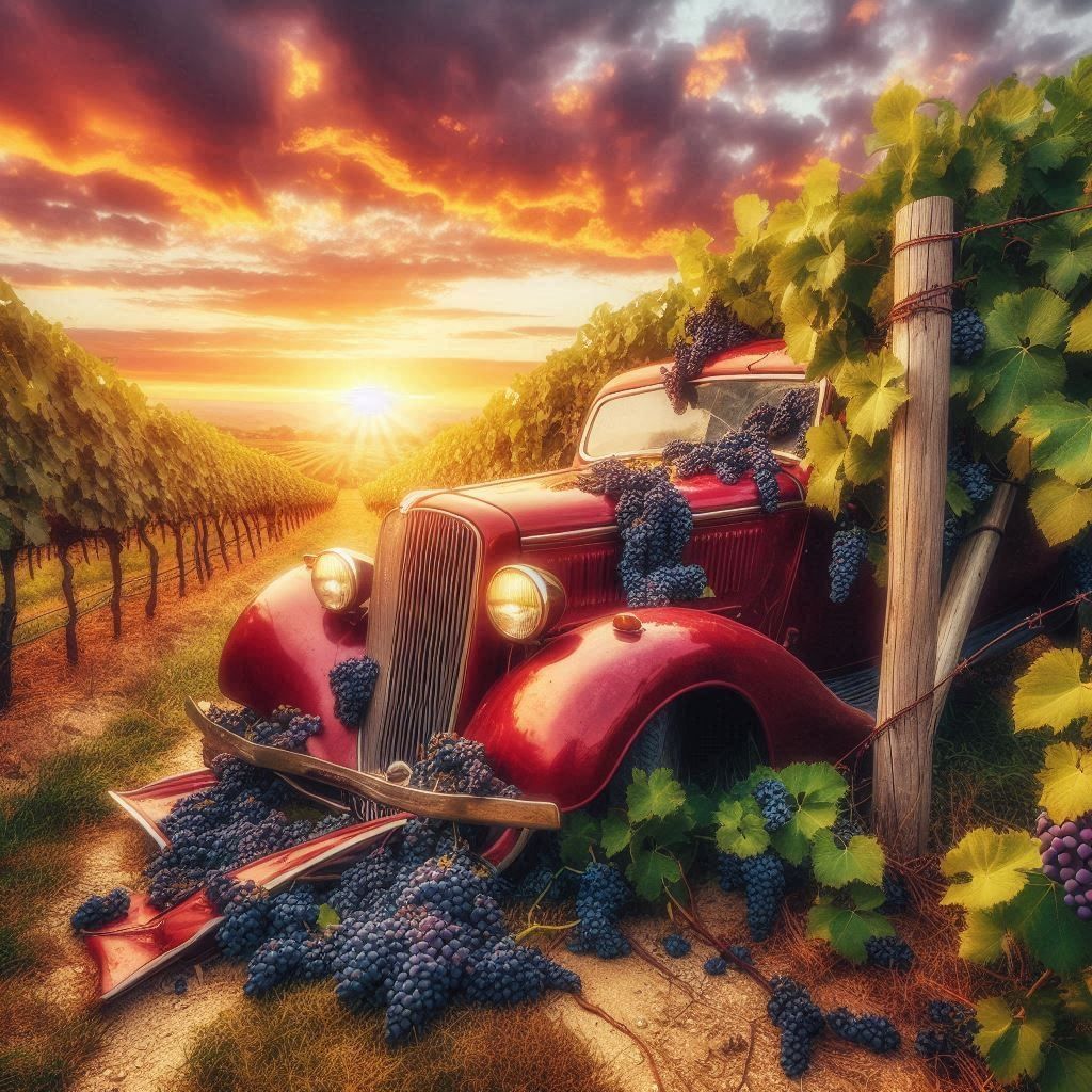 Red vintage car overflowing with grapes in a vineyard at sunset.