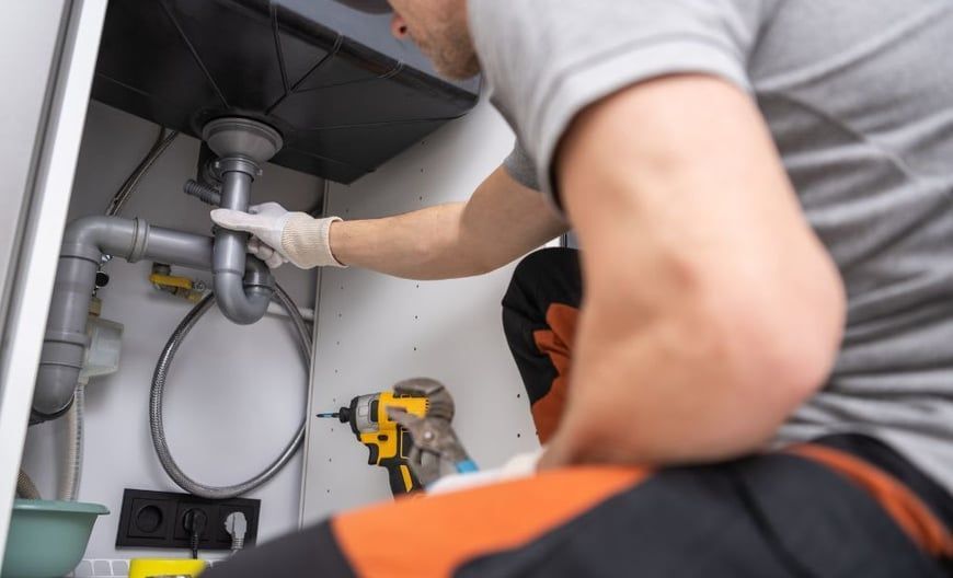 A plumber is fixing a sink in a kitchen with a drill.
