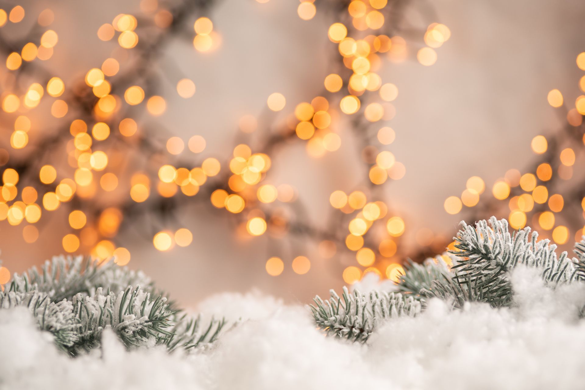 A christmas tree in the snow with christmas lights in the background.