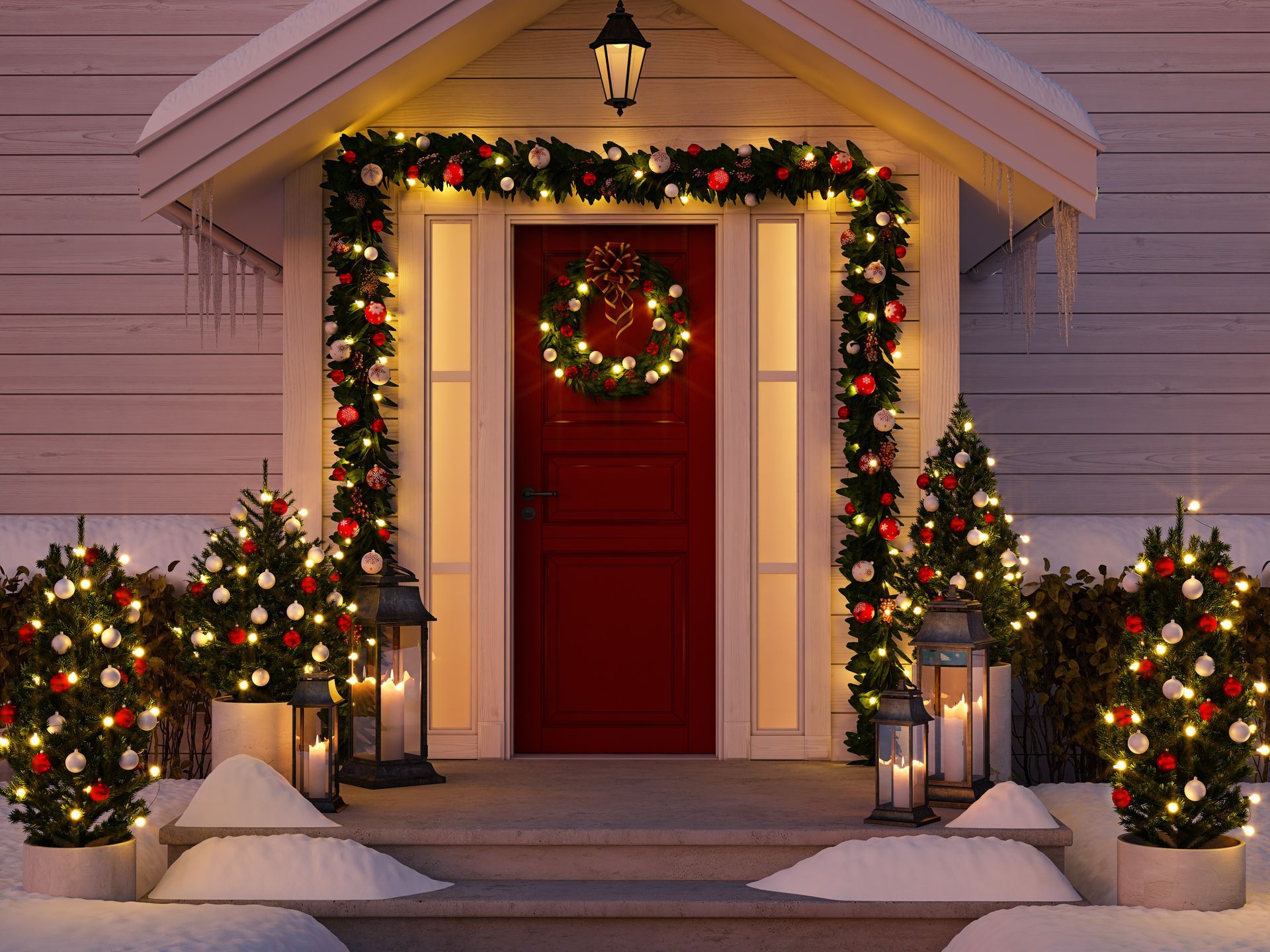 The front door of a house decorated for christmas with trees and lights.