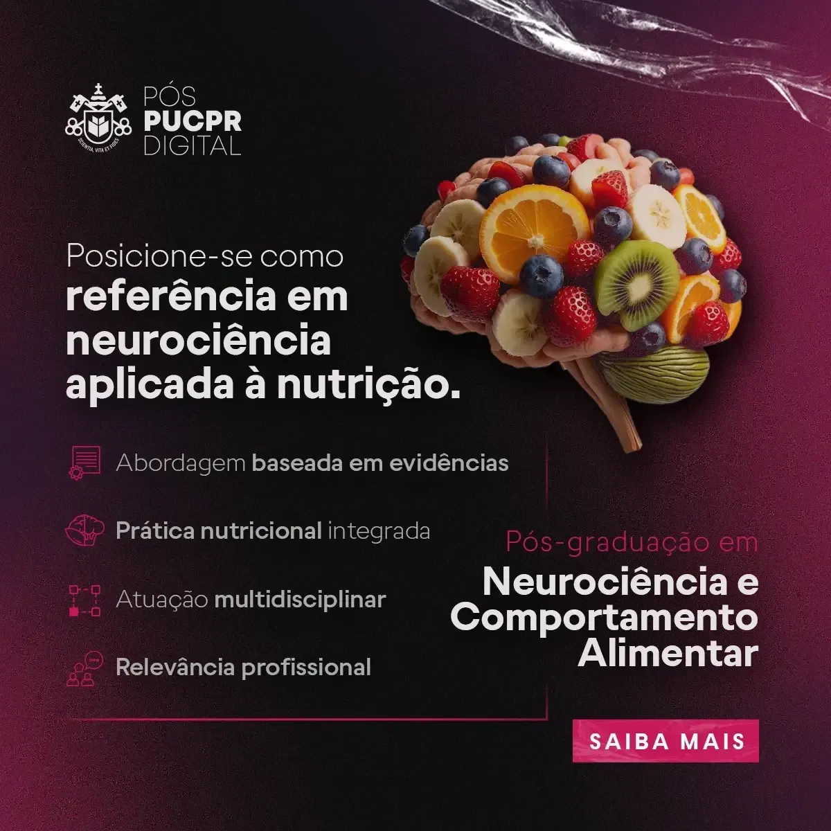 Um pôster com um cérebro feito de frutas e vegetais
