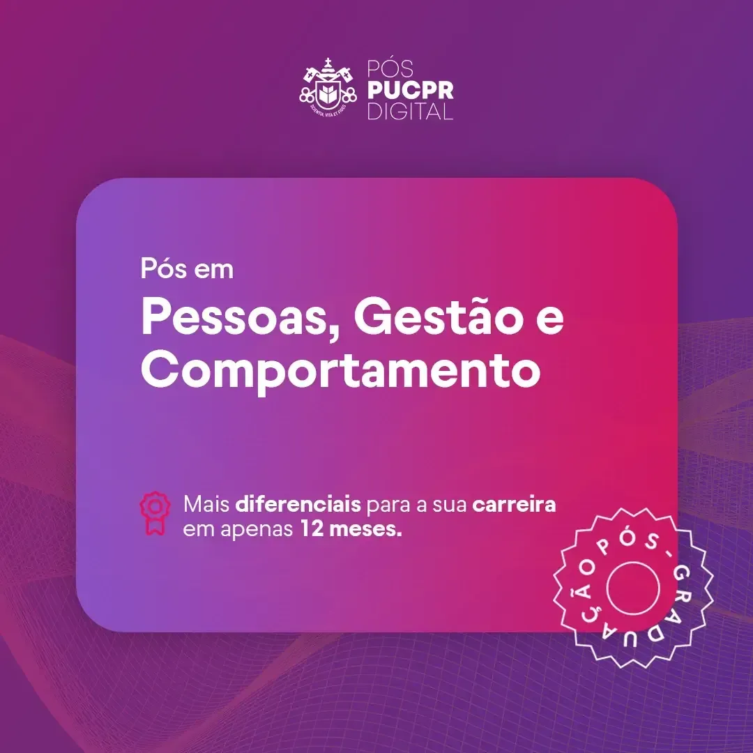 A purple and pink advertisement for pessoas , gestão e comportamento