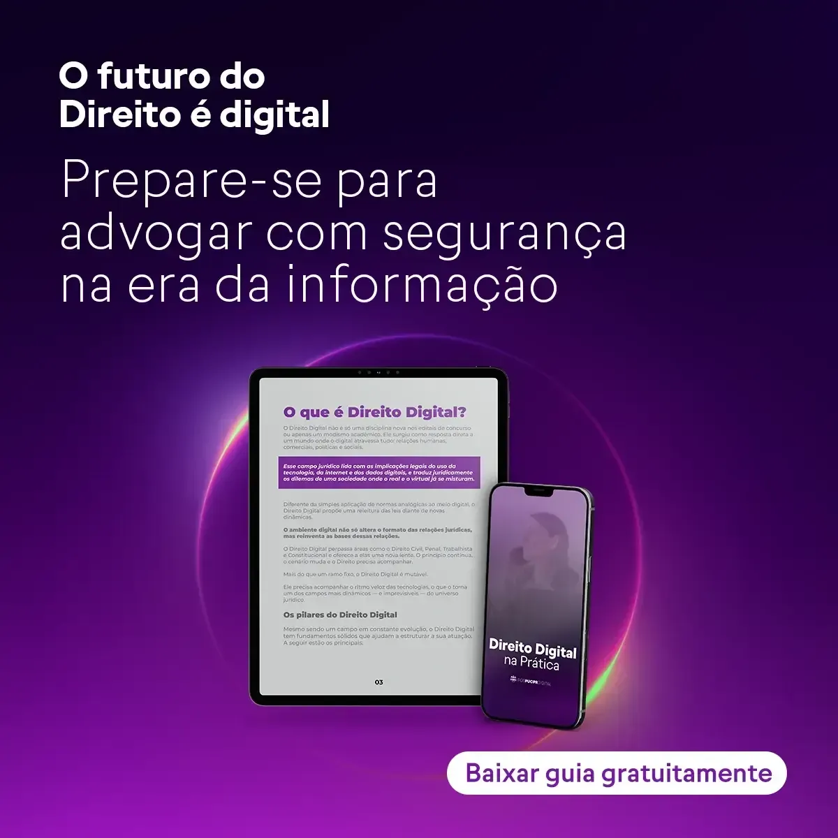 Advertisement: Digital law guide. Tablet and phone with guide, purple background, text in white.