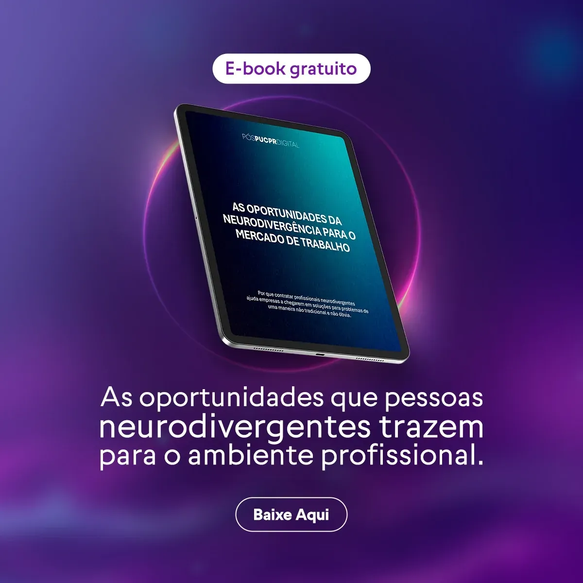 Promotional graphic: Tablet displaying a free e-book about opportunities neurodivergent people bring to the professional world. Set against a purple background.