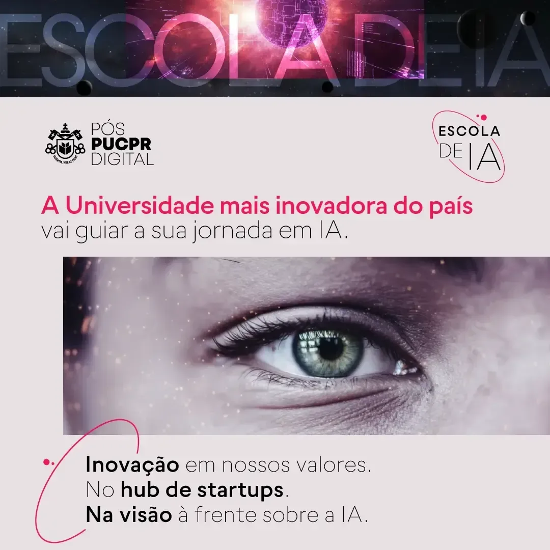 Advertisement for a digital school. Shows an eye, text about innovation and a university, and logos.