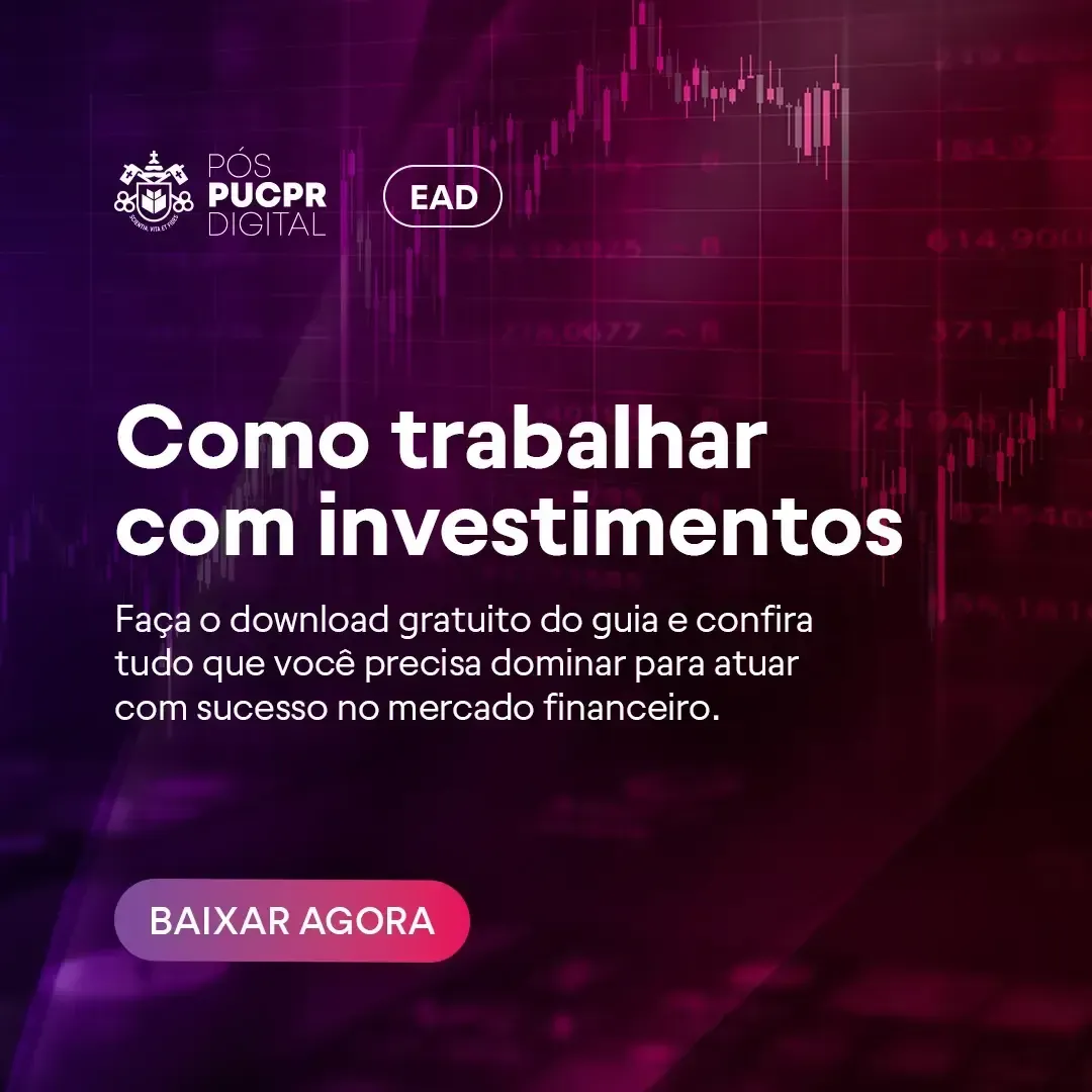 Advertisement for an investment guide from PUCPR: dark background, white text, red button, and stock market chart.