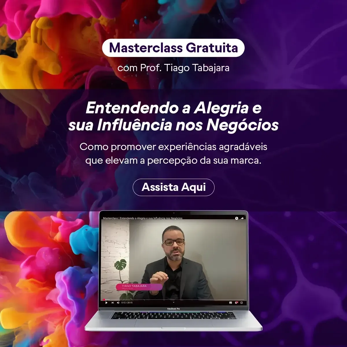 Promotional graphic for a free masterclass. Shows a laptop with a man, multicolored background, and text about joy in business.