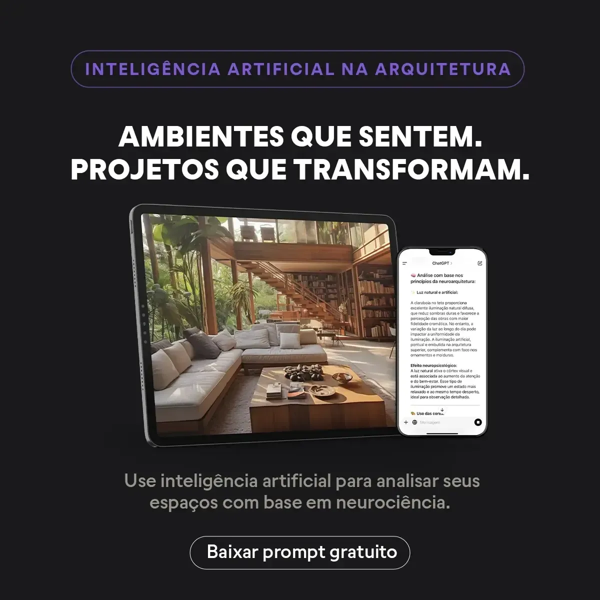 Advertisement for AI in architecture. Features a tablet and phone with design and text 