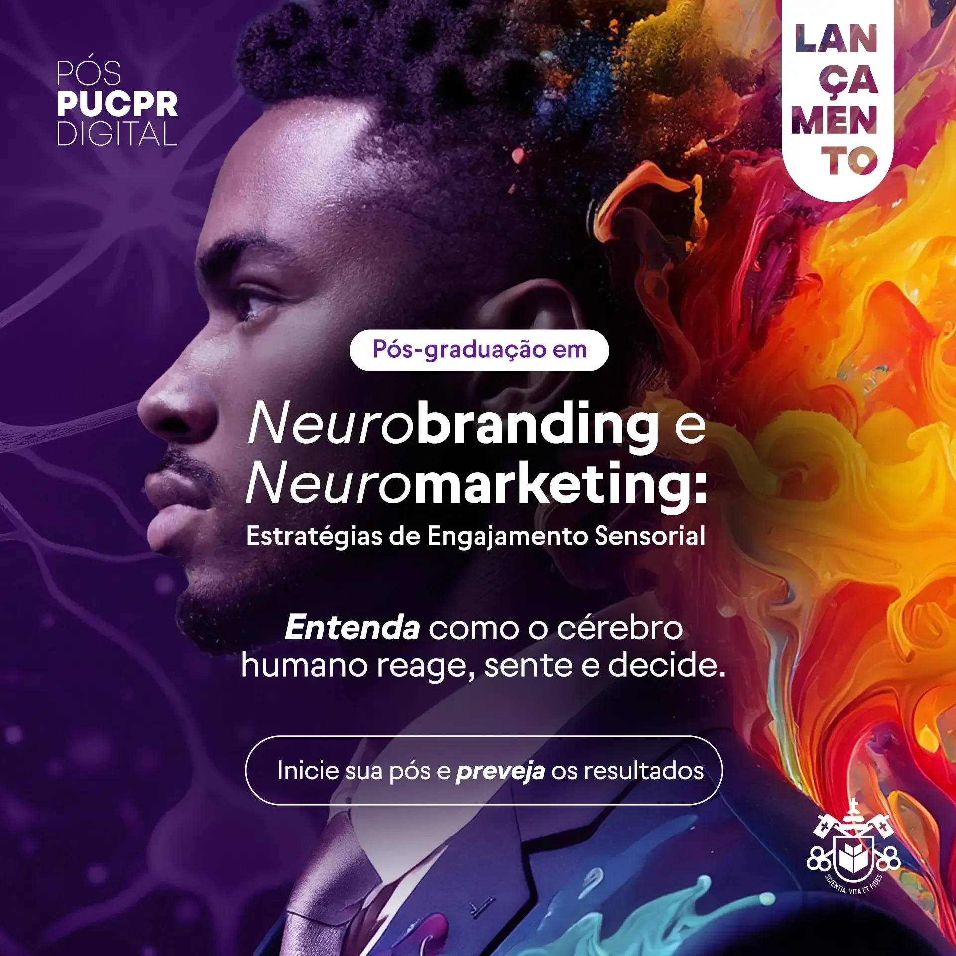 Um pôster com um homem de terno e gravata intitulado neurobranding e neuromarketing