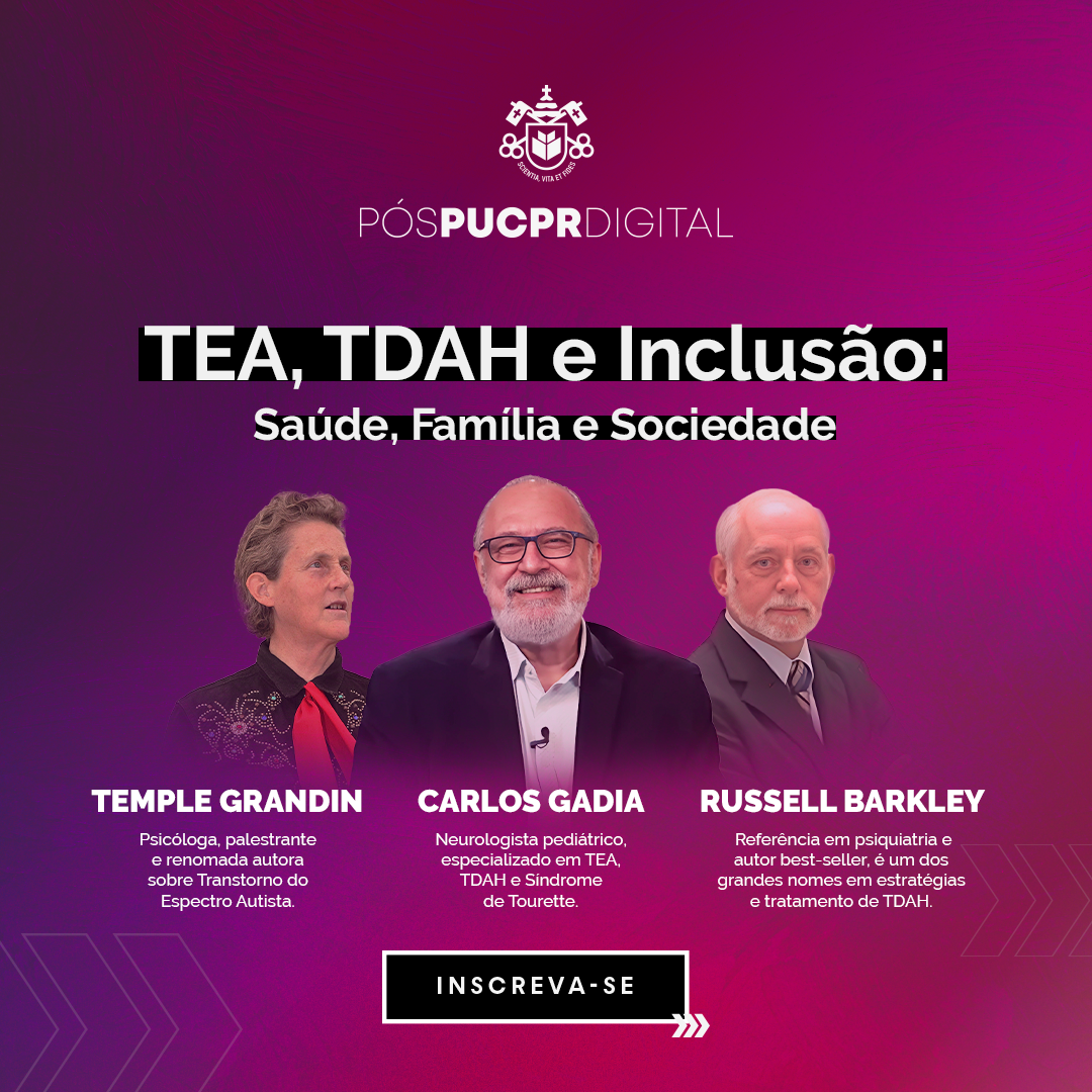 Um cartaz roxo com três pessoas que diz chá tdah e inclusão