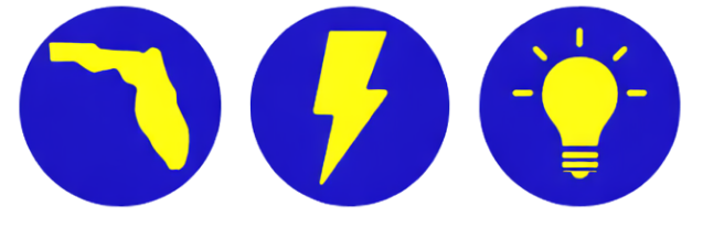 Three blue circular icons showing a yellow Florida state map, a lightning bolt, and a glowing light bulb.