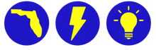 Three blue circles each featuring a yellow icon: the state of Florida, a lightning bolt, and a light bulb.