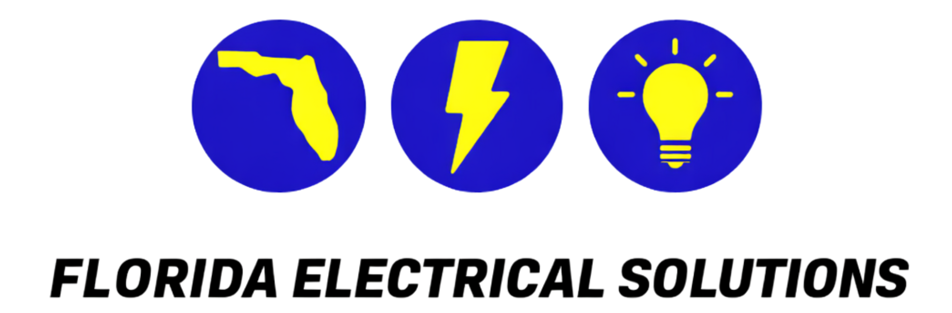 Logo for Florida Electrical Solutions featuring three blue circles containing a yellow Florida map, bolt, and lightbulb.