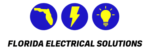 Logo for Florida Electrical Solutions featuring three blue circles containing a yellow Florida map, bolt, and lightbulb.