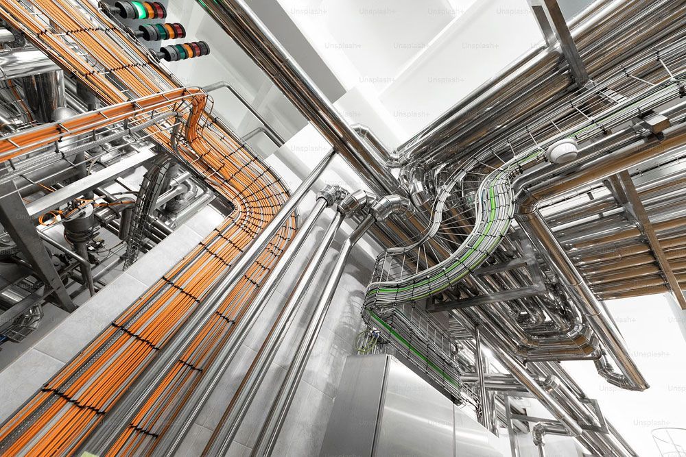 A bunch of pipes and wires are hanging from the ceiling of a building.