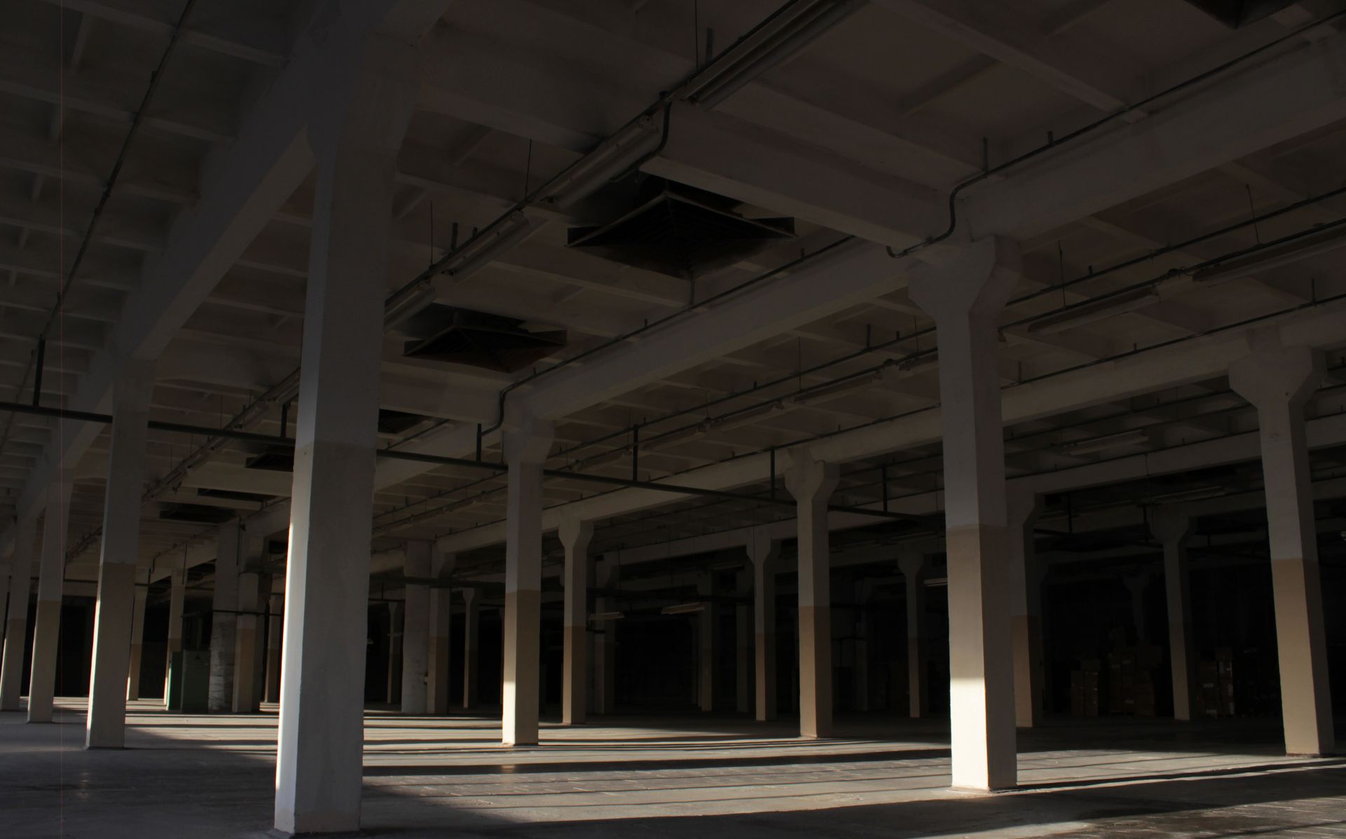 Interior view of a large, empty industrial building with rows of white support pillars and a dark interior.