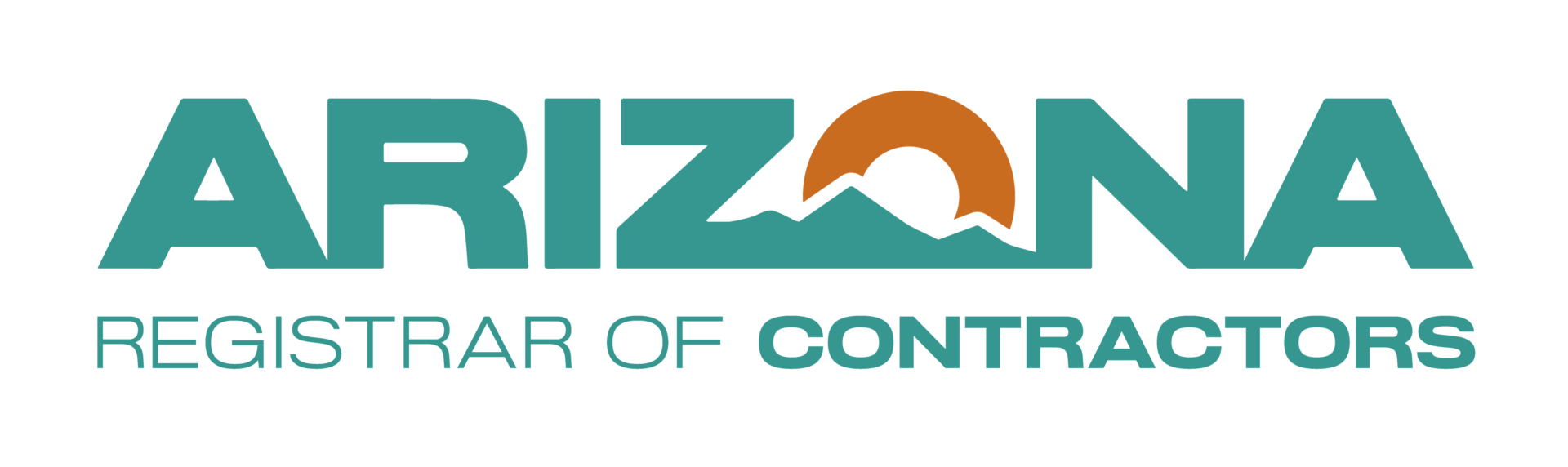 Arizona Registrar of Contractors logo, teal text with orange sun over mountains.