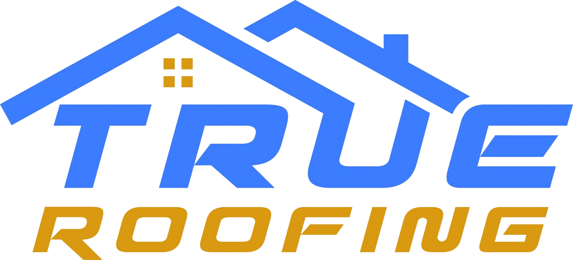 Logo for True Roofing with blue house icons above the blue letters spelling "TRUE" and gold letters spelling "ROOFING".