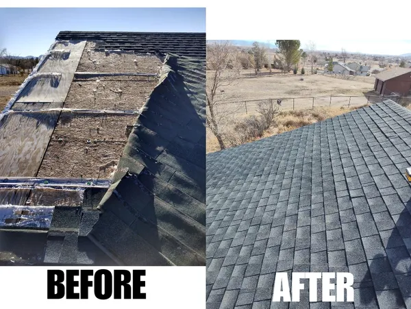 Before and after of a roof replacement. Left shows damaged roof; right shows newly shingled roof.