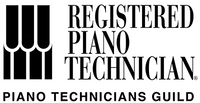 A black and white logo for a registered piano technician.