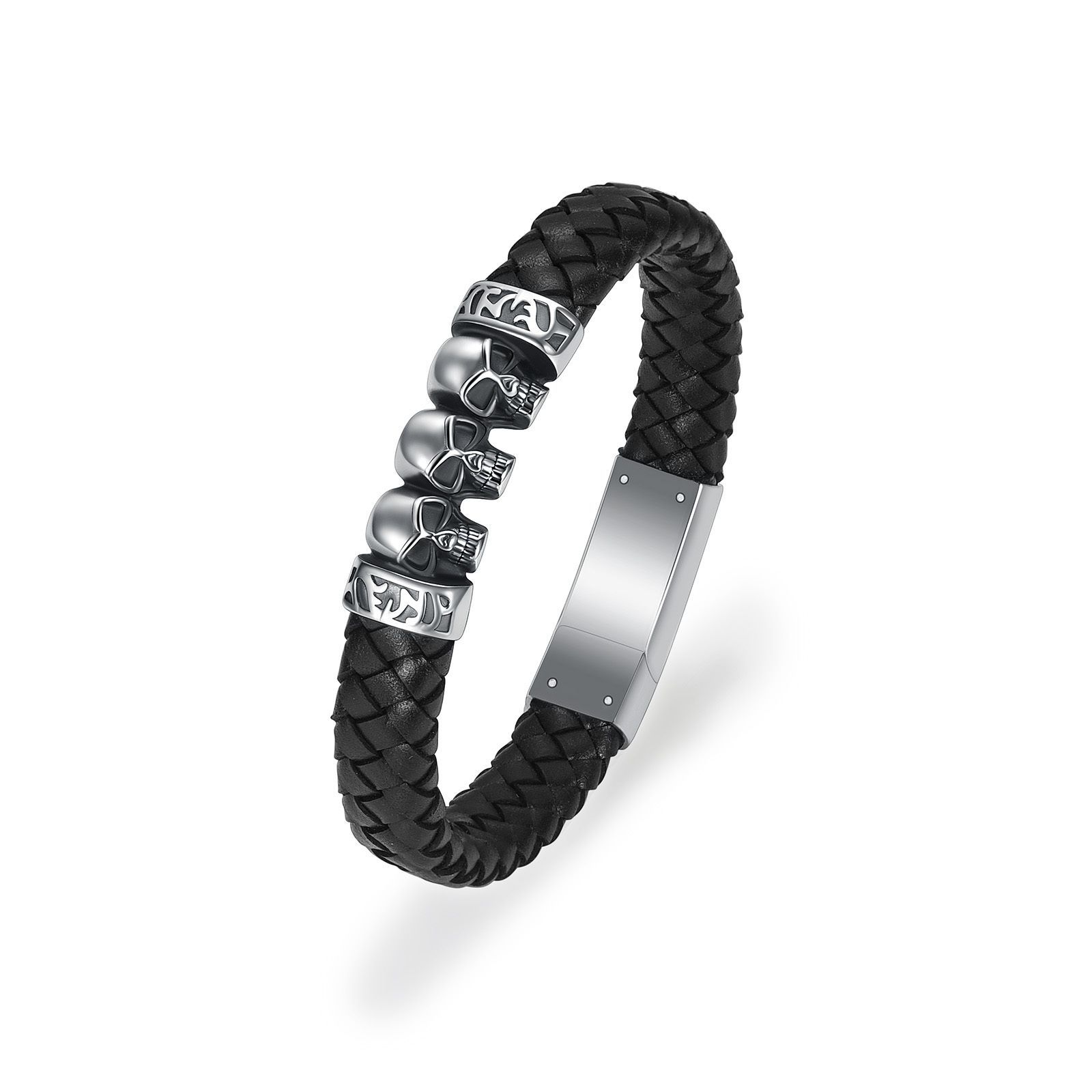 Black Braided Leather 3 Skull Bracelet — Little Treasures Pet Cremation in Bells Park, QLD