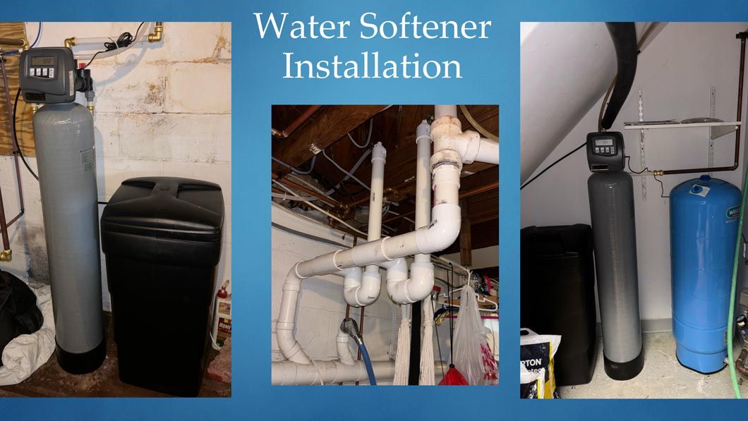 A water softener is being installed in a basement
