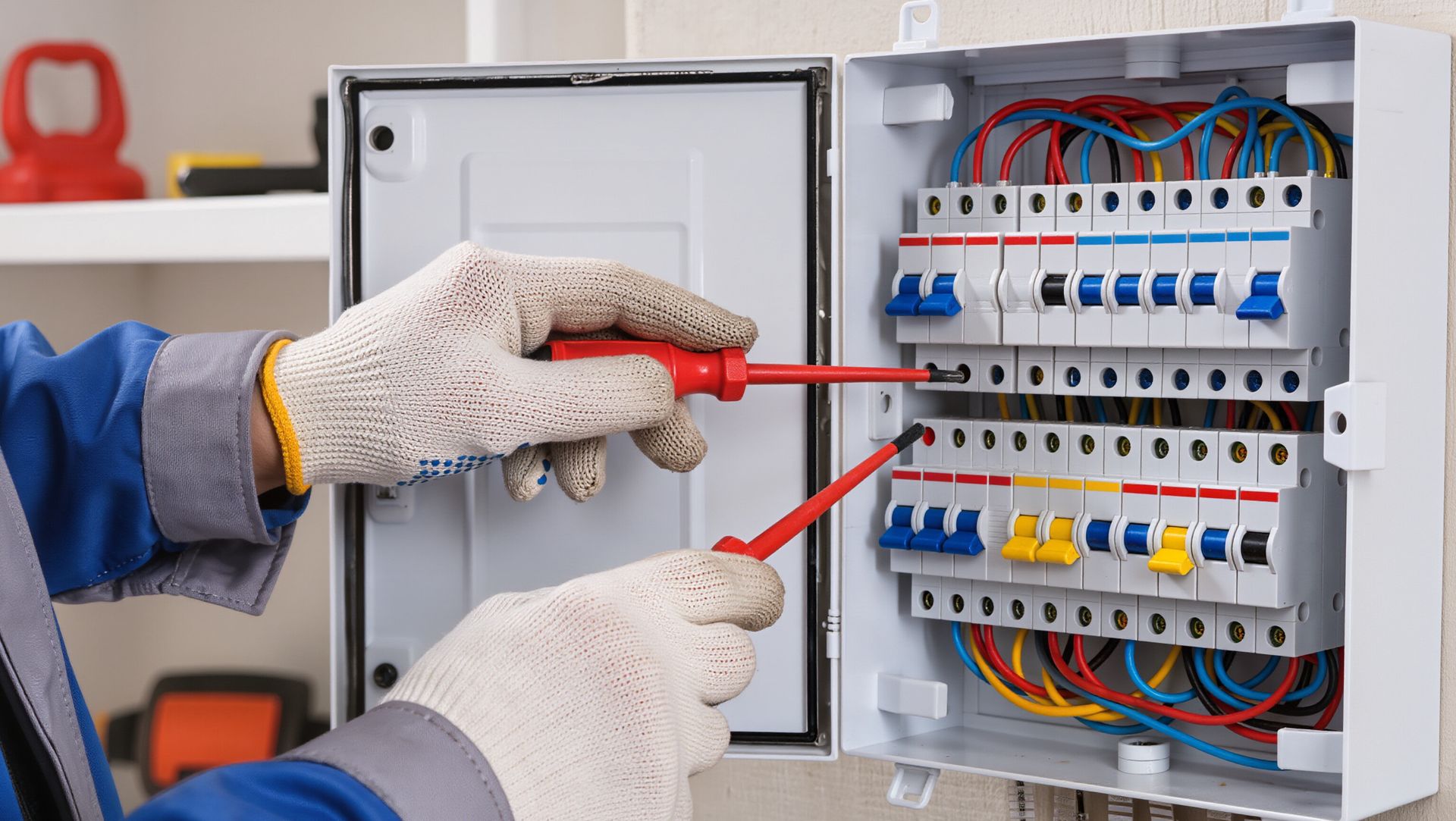 Gloved hands using a screwdriver to work on an open electrical breaker panel with colored wires