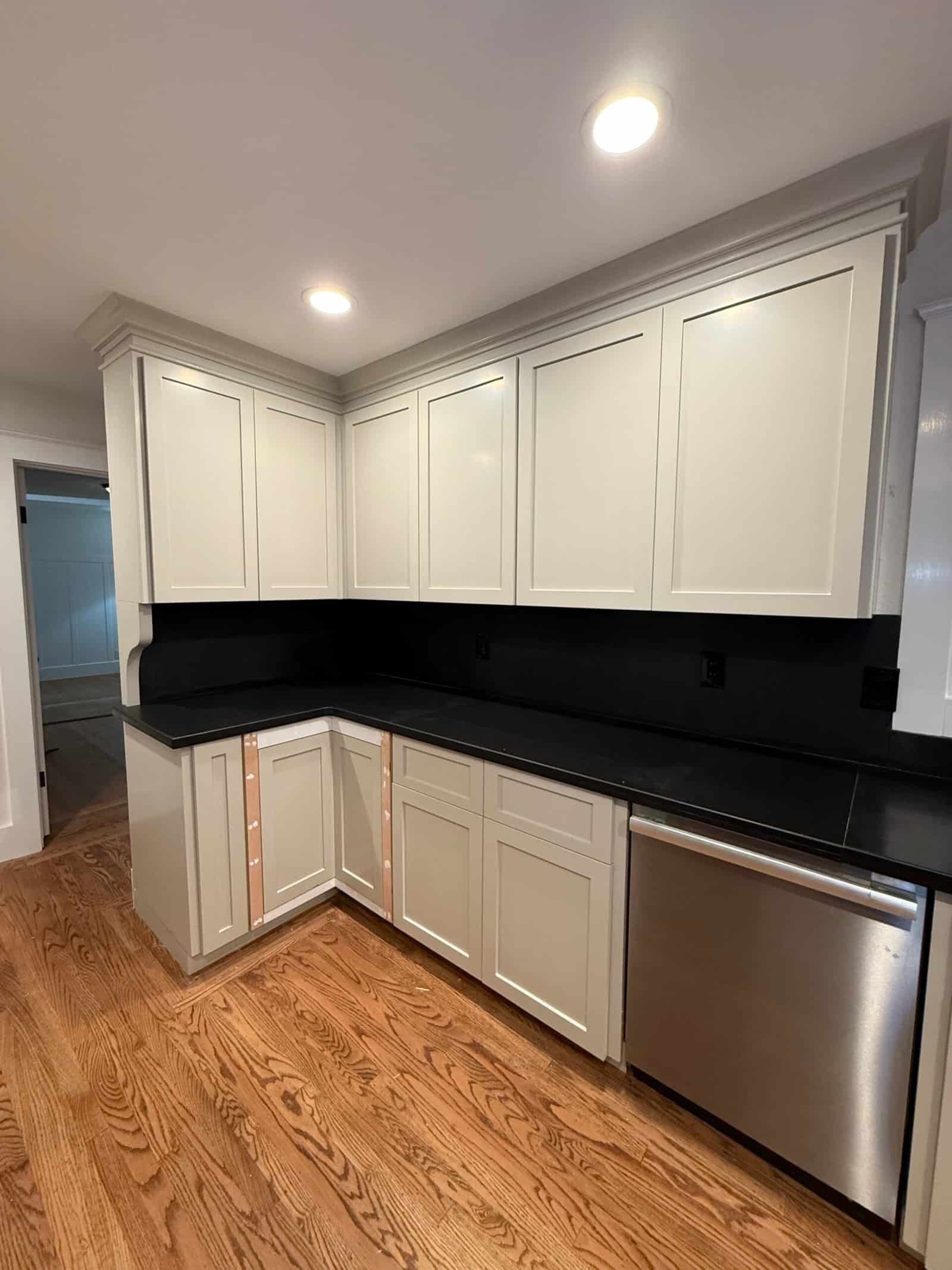 White kitchen with black countertops, stainless dishwasher, and recessed ceiling lights