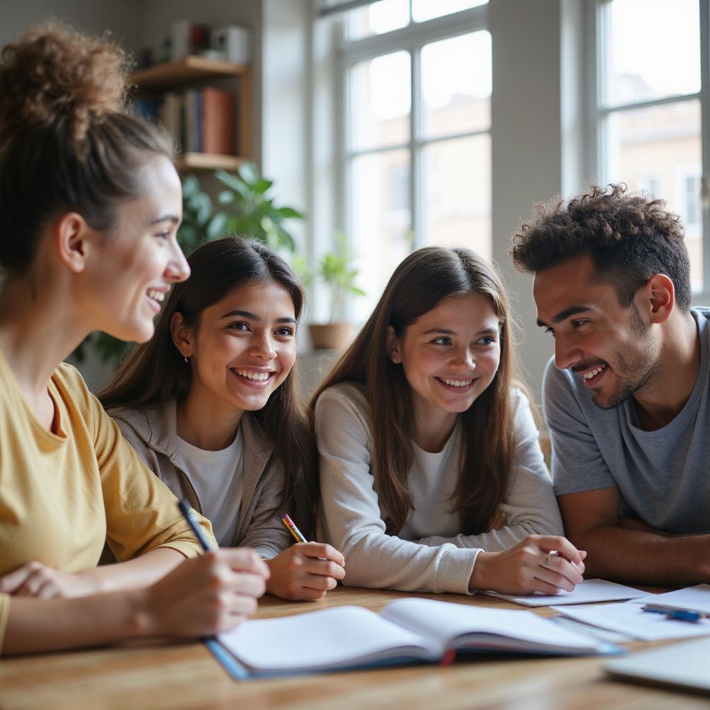 Family smiling, studying together at a table. Sunlight streams through a window.