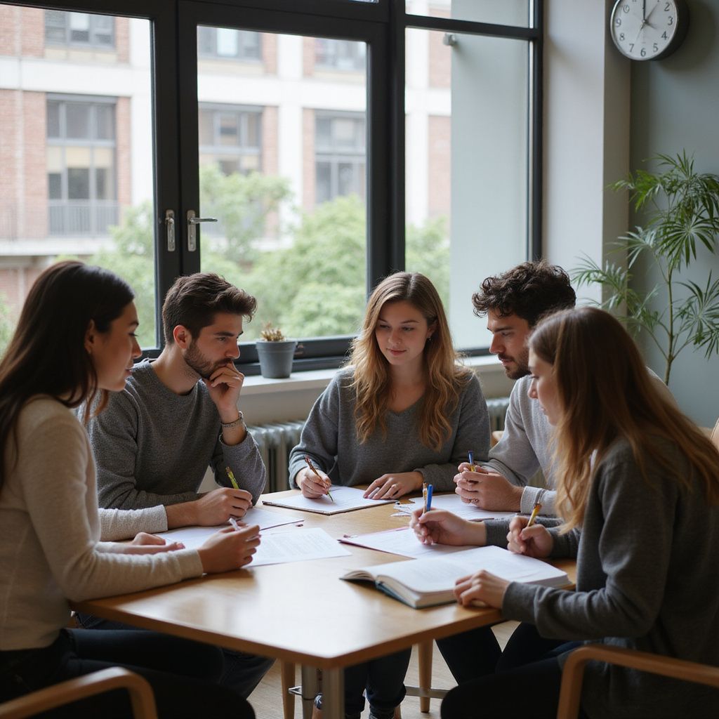 Five people in a bright room, seated around a table, writing and looking at papers, windows in background.