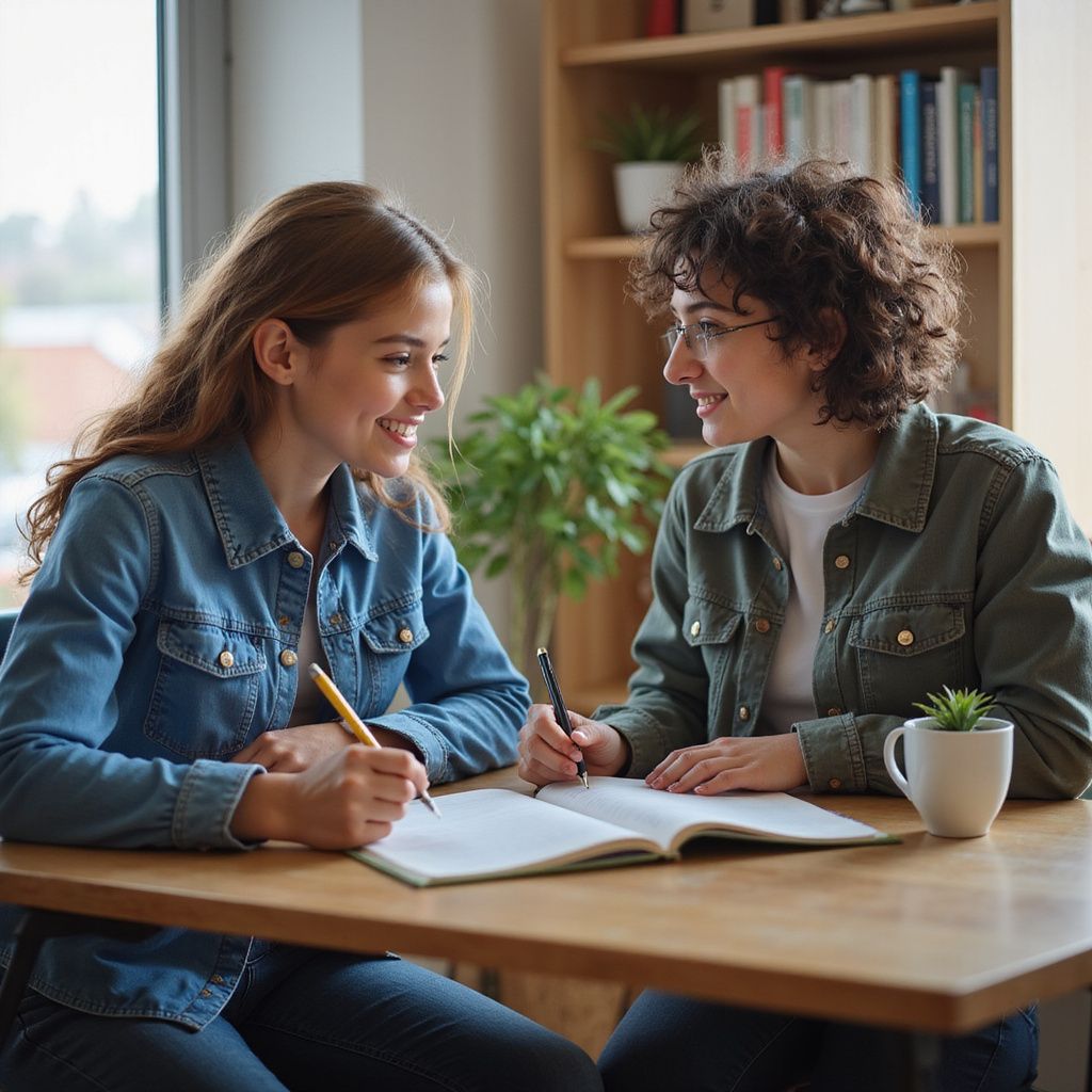Two people sitting at a table, writing in notebooks and smiling, near a window and bookshelf.