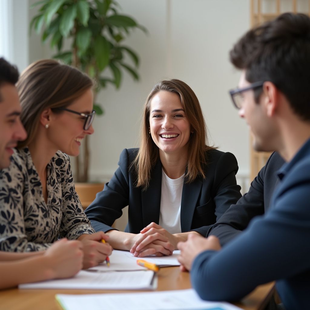 Four people in business attire sit around a table, smiling and looking at each other.