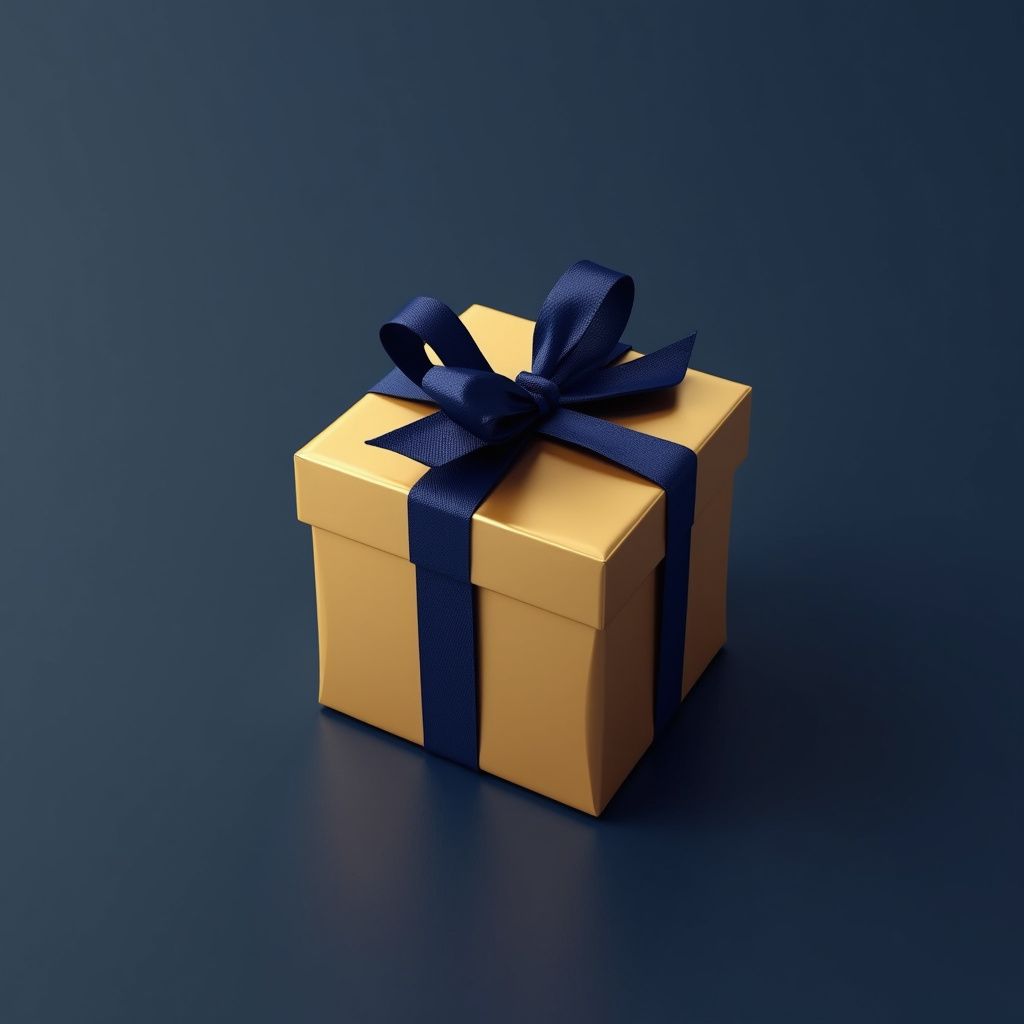 Gold gift box tied with a navy blue ribbon on a navy blue surface.
