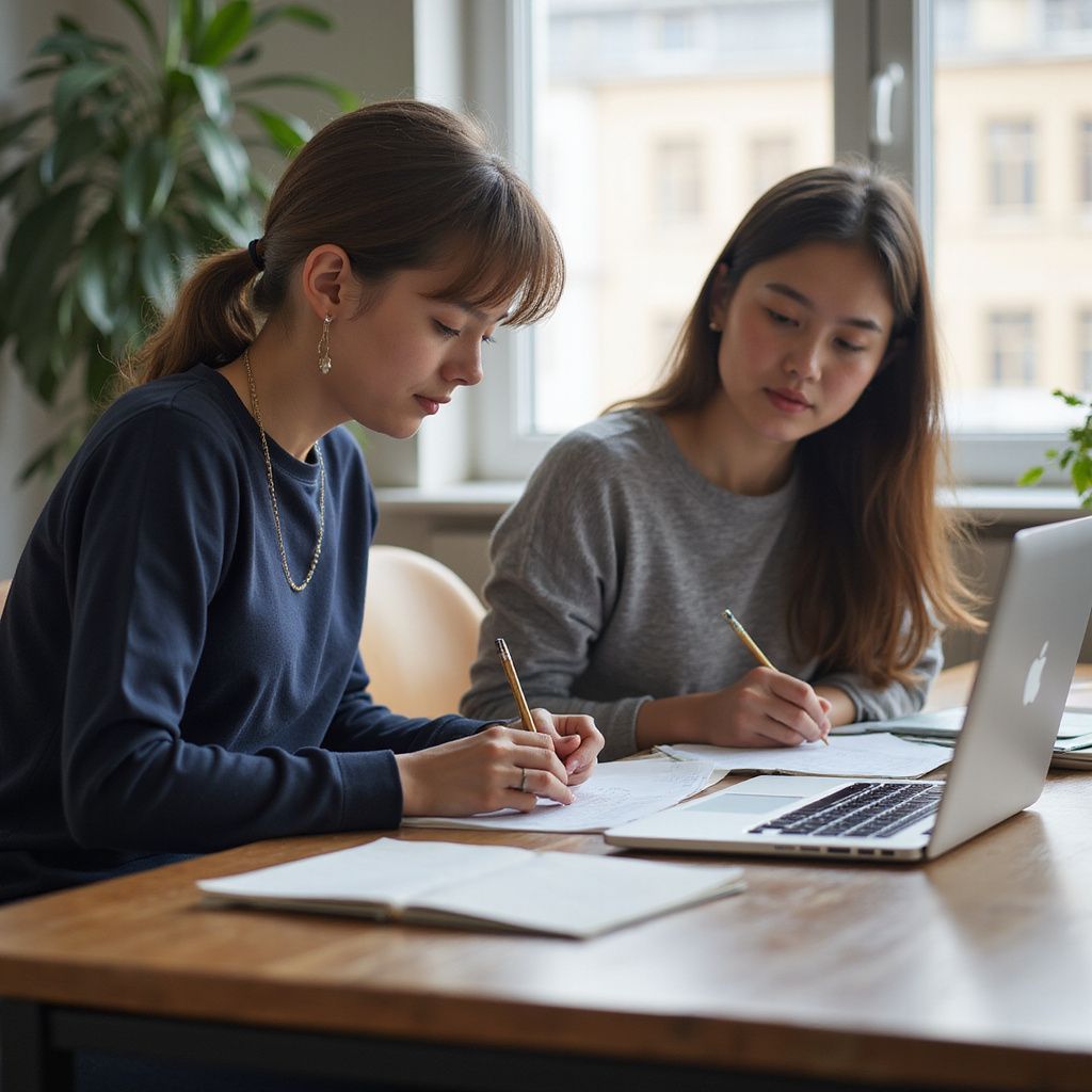 Two women sit at a table, working on a laptop and writing with pencils. Sunlight streams through a window.