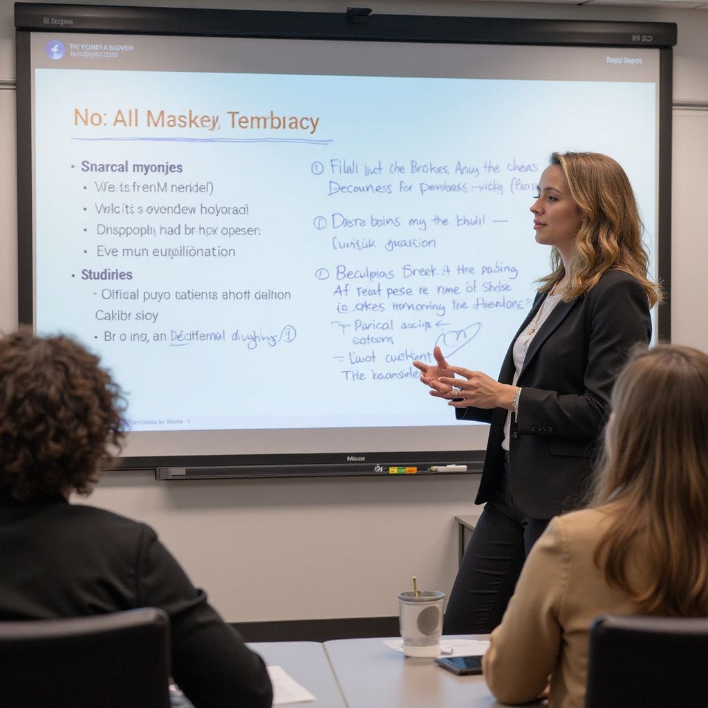 Woman presenting at a whiteboard with notes, in a meeting with two seated attendees.