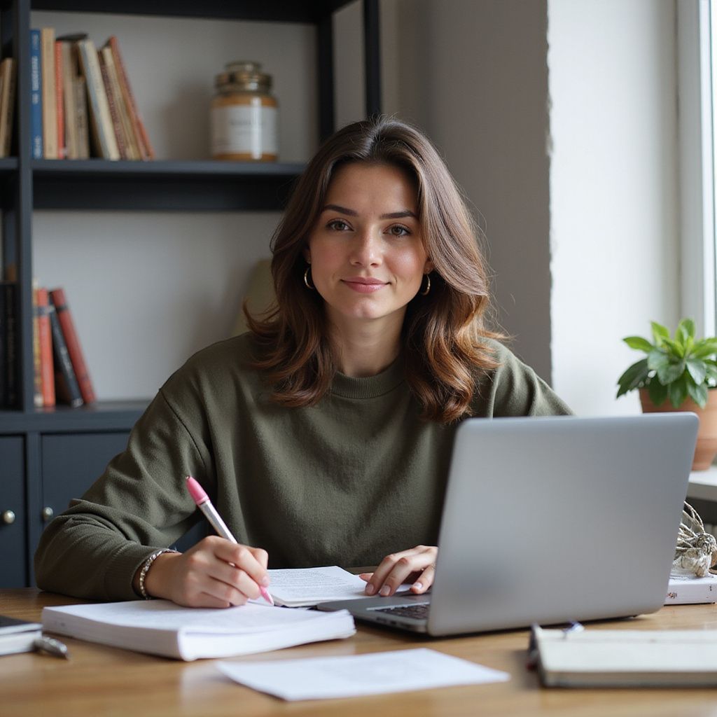 Woman writing at desk, laptop open. Bookshelf in background, window to the right.